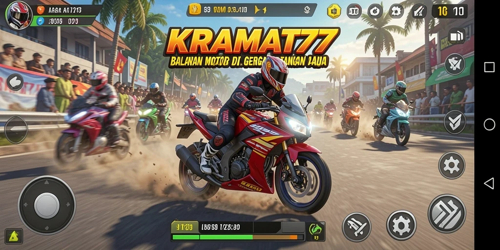 Screenshot KRAMAT77 menampilkan aksi balapan motor yang mendebarkan.