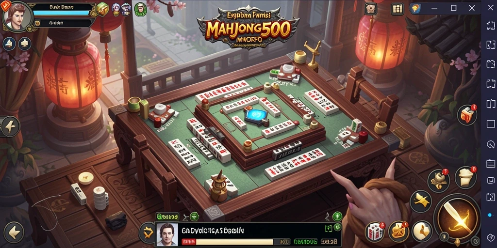 Screenshot gameplay <strong>MAHJONG500</strong> menunjukkan pertempuran epik antara karakter di dunia fantasi.