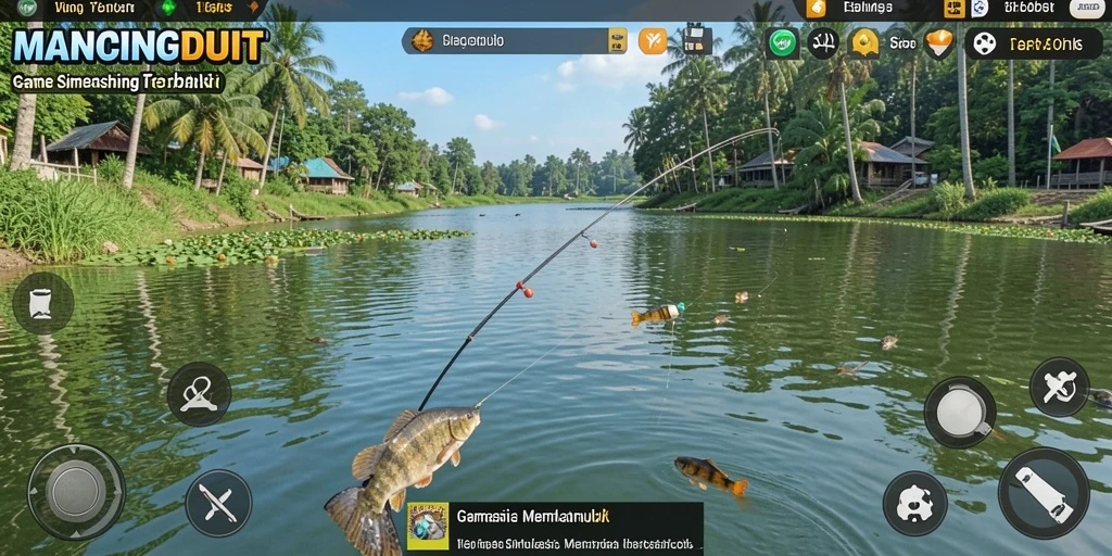 Tampilan gameplay MANCINGDUIT yang menakjubkan dengan aksi memancing seru.