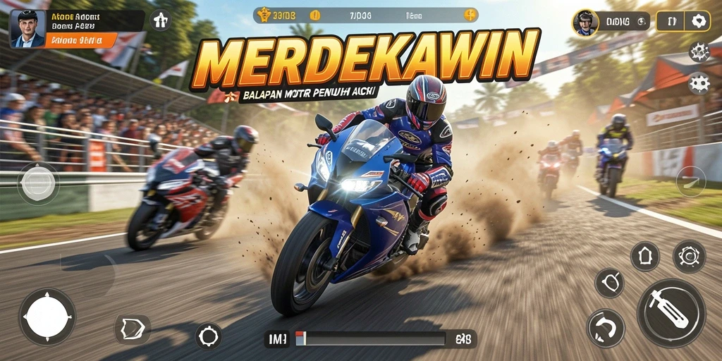 Screenshot dari gameplay seru MERDEKAWIN yang menggambarkan balapan motor.