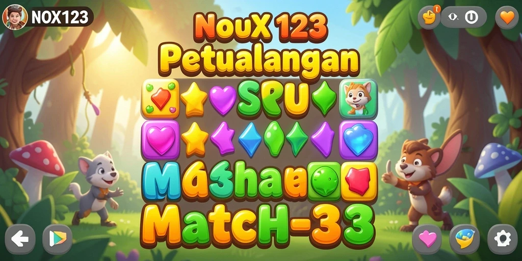 Screenshot utama dari NOX123 menampilkan gameplay Match-3 yang seru dan penuh warna.